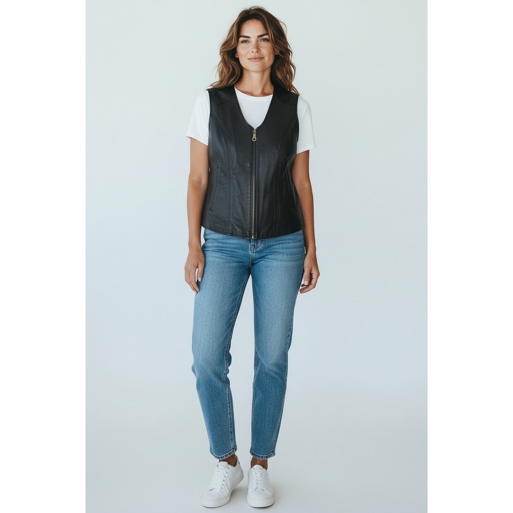Chandler Hill Womens Black Leather Front Ribbed Knit Back Zip Up Vest VTG SZ XL
